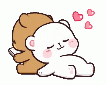 A Couple Of Teddy Bears Laying Next To Each Other With Hearts Coming Out Of Their Mouths . GIF