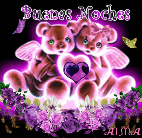 A Couple Of Teddy Bears Sitting Next To Each Other With The Words Buenas Noches GIF