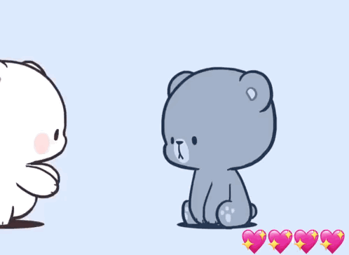 A Couple Of Teddy Bears Standing Next To Each Other With Hearts Surrounding Them GIF