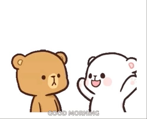 A Couple Of Teddy Bears Standing Next To Each Other With The Words Good Morning Written On The Bottom GIF