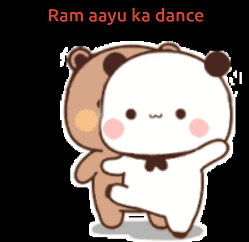 A Couple Of Teddy Bears Standing Next To Each Other With The Words Ram Aayu Ka Dance Below Them GIF