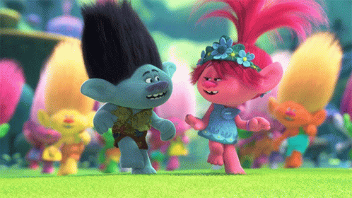 A Couple Of Trolls Are Standing Next To Each Other GIF