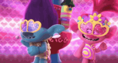A Couple Of Trolls Wearing Heart Shaped Sunglasses Standing Next To Each Other . GIF