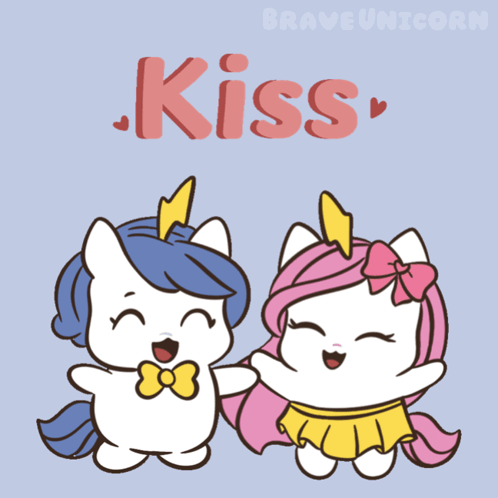 A Couple Of Unicorns Are Standing Next To Each Other With The Word Kiss Written Above Them GIF