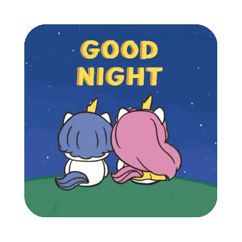 a couple of unicorns sitting on top of a hill with the words " good night " on the bottom