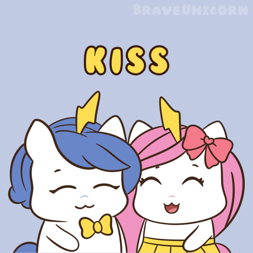 A Couple Of Unicorns Standing Next To Each Other With The Word Kiss Written Above Them GIF