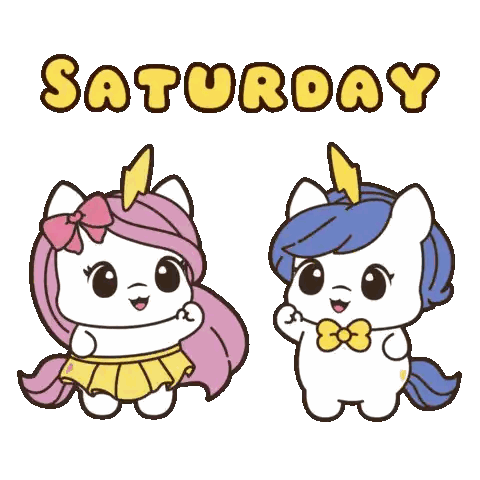 a couple of unicorns standing next to each other with the words saturday written above them