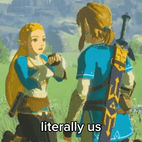 A Couple Of Video Game Characters Are Standing Next To Each Other And The Words Literally Us Are On The Bottom GIF
