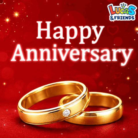 A Couple Of Wedding Rings On A Red Background With The Words " Happy Anniversary " GIF