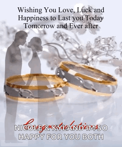 A Couple Of Wedding Rings With The Words Wishing You Love Luck And Happiness To Last You Today GIF