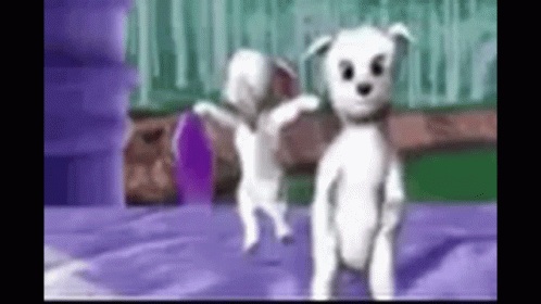 A Couple Of White Dogs Are Standing Next To Each Other On A Purple Surface . GIF