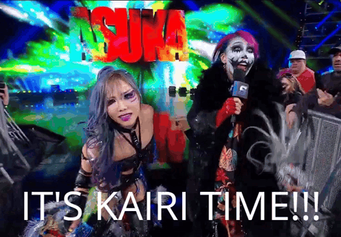 A Couple Of Women Standing Next To Each Other With The Words " It 'S Kairi Time !!! " GIF