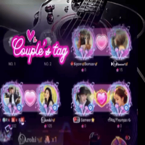 A Couple 'S Tag Is Displayed On A Screen With A Guitar In The Background GIF
