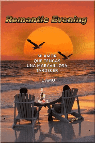 A Couple Sits In Chairs On A Beach With The Words Romantic Evening GIF