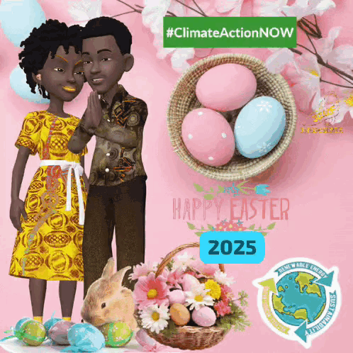 A Couple Standing Next To A Basket Of Easter Eggs And Flowers GIF