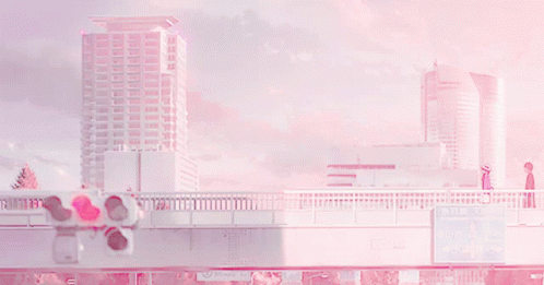 A Couple Walking Across A Bridge In Front Of A Sign That Says " Tokyo " GIF