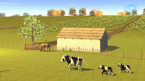 A Cow And Two Calves Are Walking In A Field With A Horse In The Background GIF