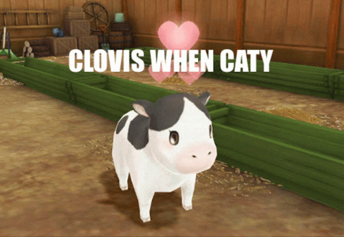 A Cow In A Barn With The Words Clovis When Caty Written Above It GIF