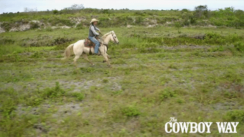 A Cowboy Is Riding A White Horse In A Field With The Cowboy Way Written On The Bottom GIF