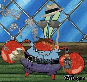 A Crab From Spongebob Is Holding A Stack Of Money And A Bottle Of Jack Daniel 'S GIF