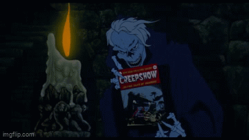 A Creepy Cartoon Character Is Holding A Creepshow Sign In Front Of A Lit Candle GIF