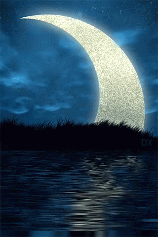 A Crescent Moon Is Reflected In A Body Of Water With The Letters Dx Below It GIF