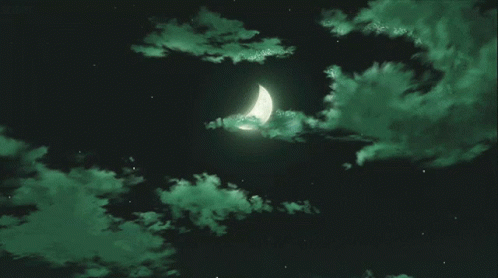 A Crescent Moon Is Surrounded By Green Clouds In A Dark Sky GIF
