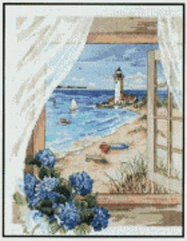 A Cross Stitch Pattern Shows A Lighthouse On The Shore GIF
