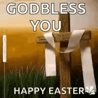 A Cross With A White Ribbon Around It And The Words `` Godbless You Happy Easter '' . GIF
