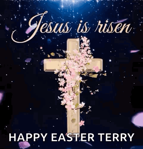A Cross With Flowers On It And The Words `` Jesus Is Risen '' GIF