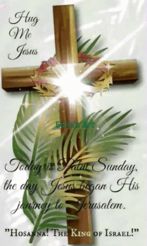 A Cross With Palm Leaves And The Words Hug Me Jesus Today Is Palm Sunday GIF