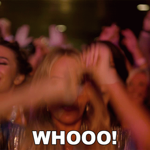 A Crowd Of People Applauding With The Words Whooo Written In Black GIF