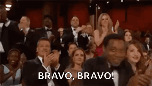 A Crowd Of People Are Applauding At An Oscars Ceremony And A Man Is Saying `` Bravo , Bravo ! '' GIF