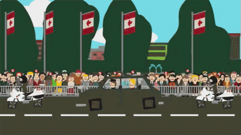 A Crowd Of People Are Gathered In Front Of A Car With Canadian Flags On The Poles GIF