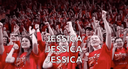 A Crowd Of People Are Raising Their Fists In The Air And The Name Jessica Is On The Bottom Right GIF