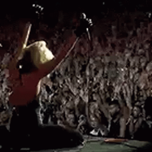 A Crowd Of People Are Standing In Front Of A Stage Watching A Concert . GIF