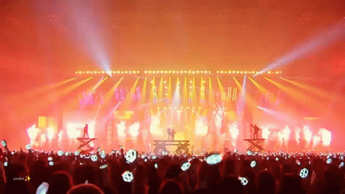 A Crowd Of People Are Watching A Concert With A Silhouette Of A Couple On Stage GIF