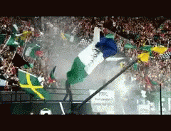 A Crowd Of People Are Watching A Race With Flags Flying In The Air GIF