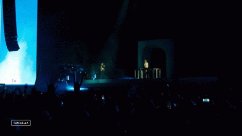 A Crowd Of People At A Concert With A Sign That Says Campella On It GIF