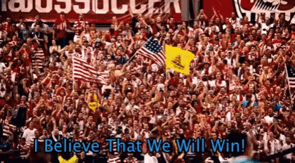 A Crowd Of People Cheering In A Stadium With The Words I Believe That We Will Win GIF