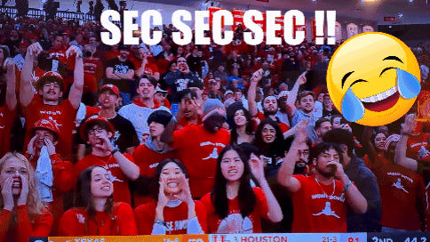A Crowd Of People Cheering With Sec Sec Sec Written On The Screen GIF