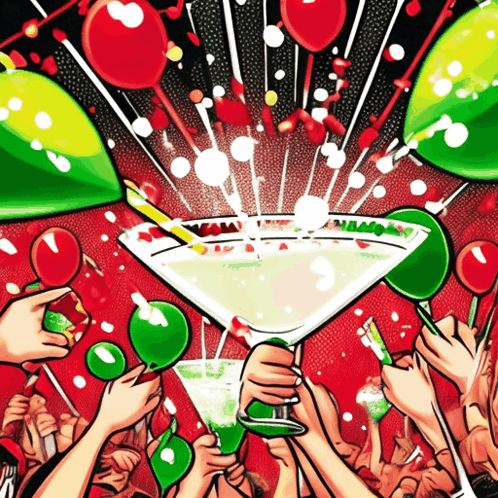 A Crowd Of People Holding Martini Glasses With Balloons And Confetti In The Background GIF