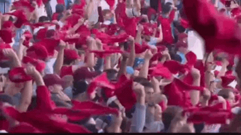 A Crowd Of People Holding Red Scarves In The Air At A Soccer Game . GIF