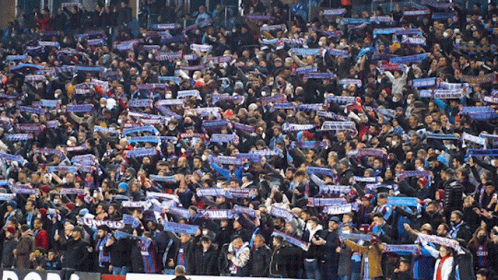A Crowd Of People In A Stadium With A Scarf That Says ' Tivoli ' On It GIF