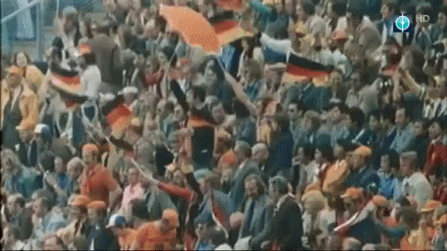a crowd of people in a stadium with hd written on the bottom right