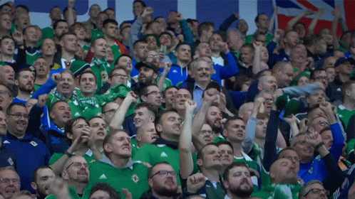 A Crowd Of People In A Stadium With One Wearing A Green Shirt That Says Adidas GIF