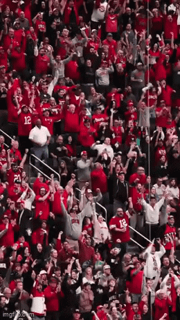 A Crowd Of People In Red Shirts Are Standing In A Stadium Watching A Game . GIF