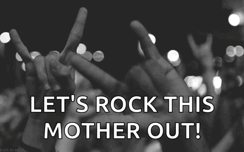 A Crowd Of People Raising Their Hands In The Air With The Words Let 'S Rock This Mother Out GIF