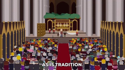 A Crowd Of People Sitting In Front Of A Stage With The Words As Is Tradition GIF