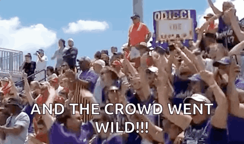 A Crowd Of People Standing In A Stadium With The Words `` And The Crowd Went Wild '' Written On The Screen . GIF